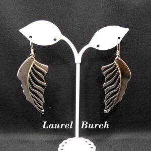 Laurel Burch Long Palm Leaf Earrings, Rhodium Plated, 1980s Vintage Jewelry